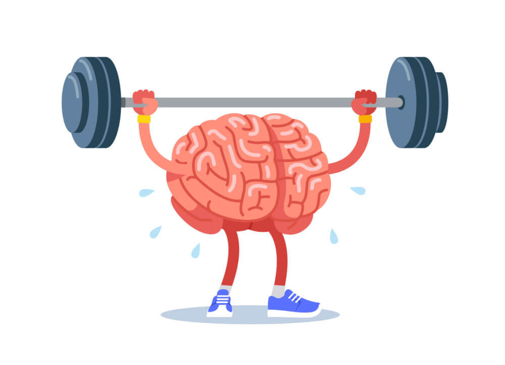 Prepare-se mentalmente - Desenho de um cérebro com tênis azul levantando uma barra com peso - Como começar a empreender do zero? 